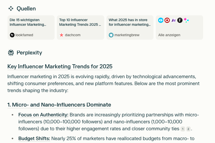Referenz DACHCOM - Auffindbarkeit des Themas Digital Marketing Trends bei Perplexity