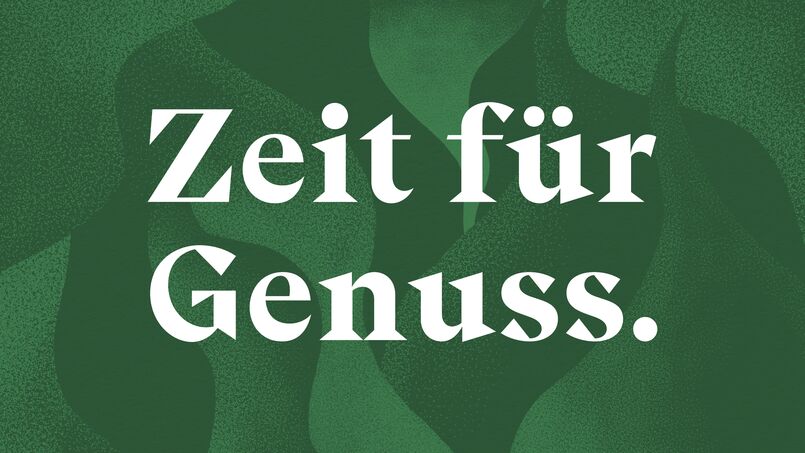 Wellauer – Hauptbotschaft «Zeit für Genuss» auf einer grün gestalteten Fläche
