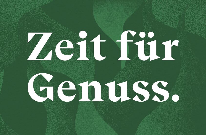 Wellauer – Hauptbotschaft «Zeit für Genuss» auf einer grün gestalteten Fläche